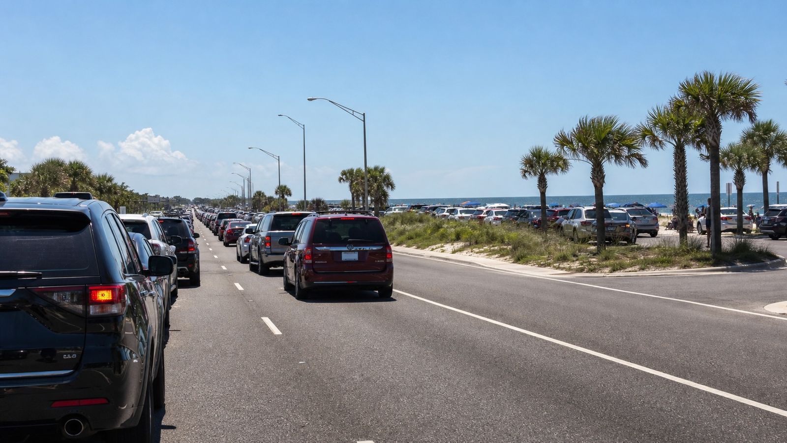 Heavy summer traffic jam on a Florida coastal highway with vacationing families stuck in SUVs and a full beach parking lot visible