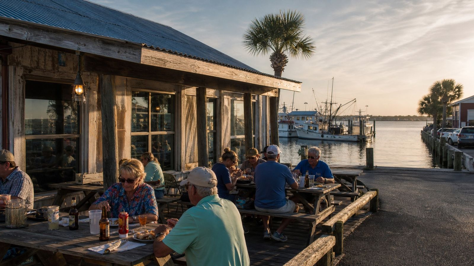 Local waterfront seafood restaurant near Destin harbor with outdoor tables and charter fishing boats in the background