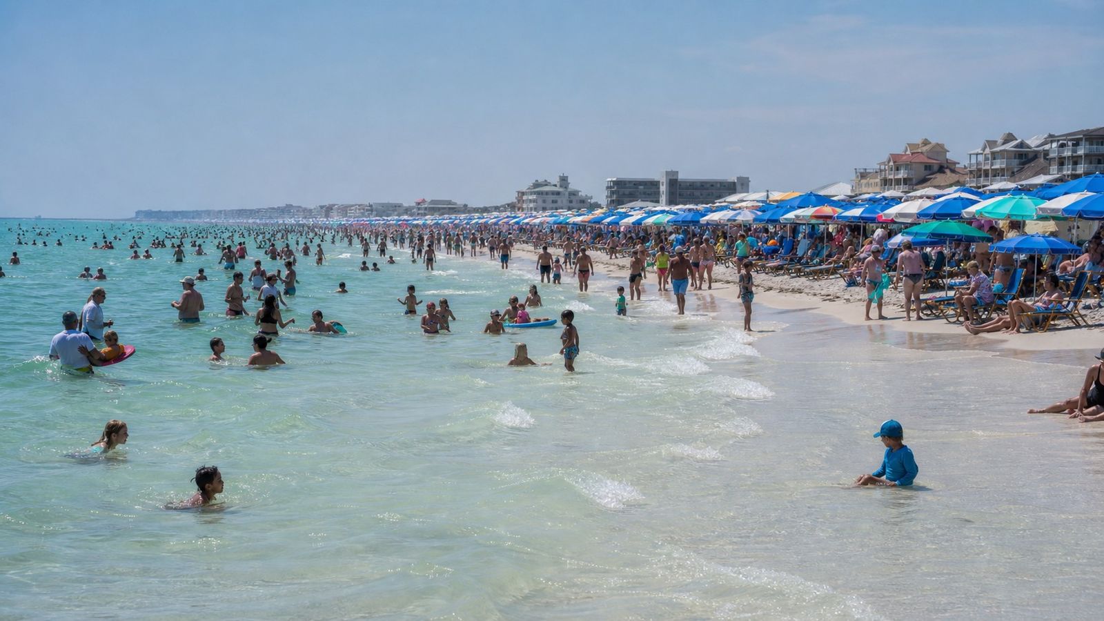 Crowded Destin Florida beach in peak summer with rows of umbrellas and families packed into the shallow emerald water