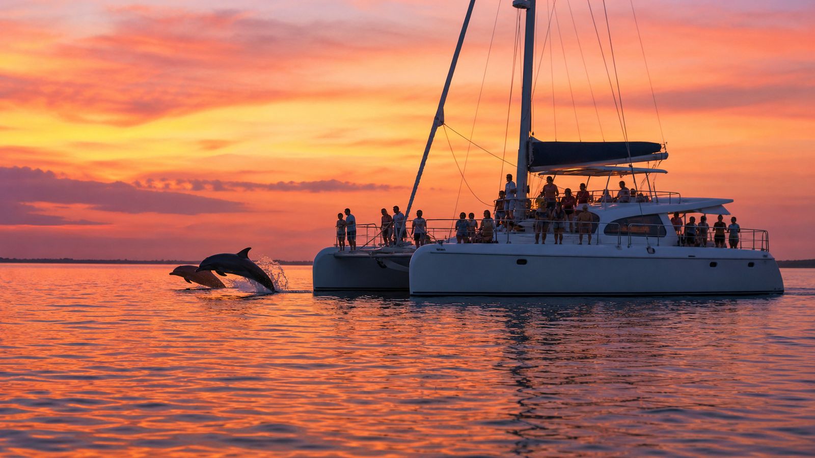 Catamaran sailing into a golden Gulf of Mexico sunset with dolphins leaping alongside the bow
