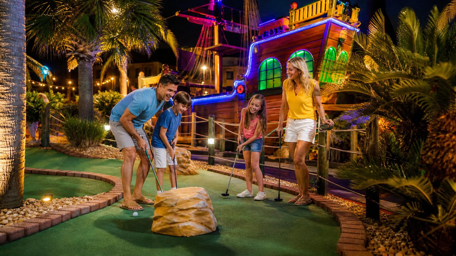 Family playing tropical-themed miniature golf at night in Destin Florida with colorful neon lighting