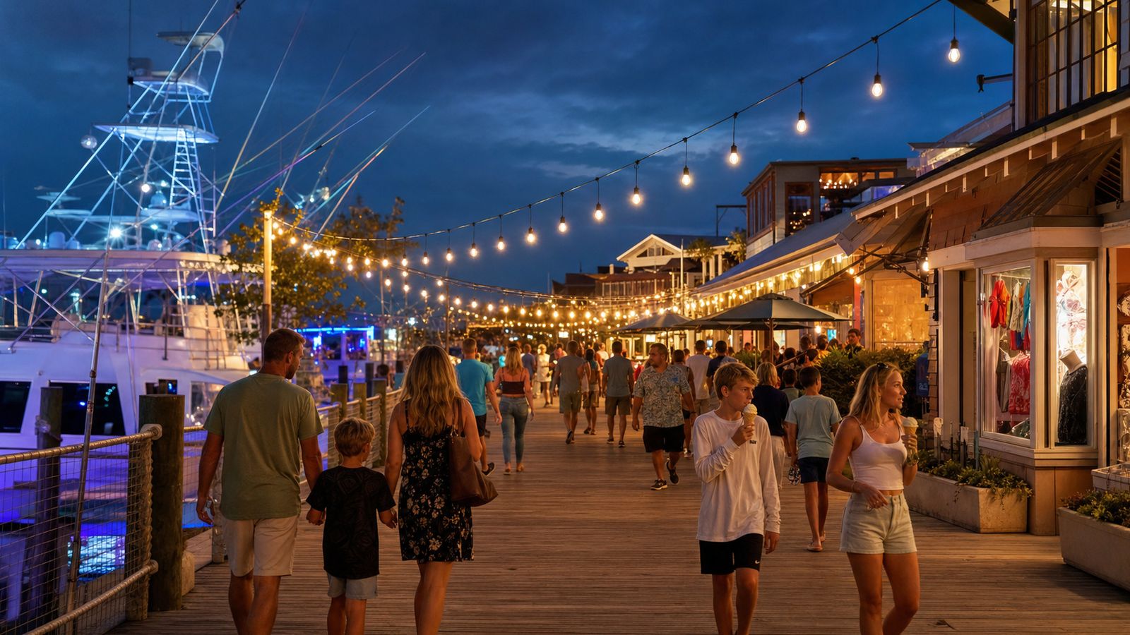 Families and couples strolling HarborWalk Village boardwalk at night with string lights and moored charter boats