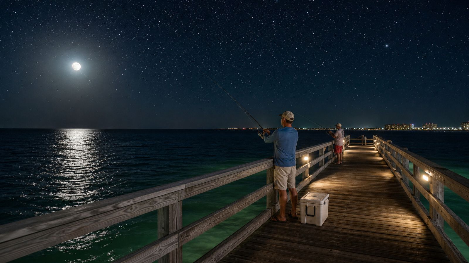 Anglers fishing off a lit pier over the Gulf of Mexico at night in Destin Florida under a starry sky