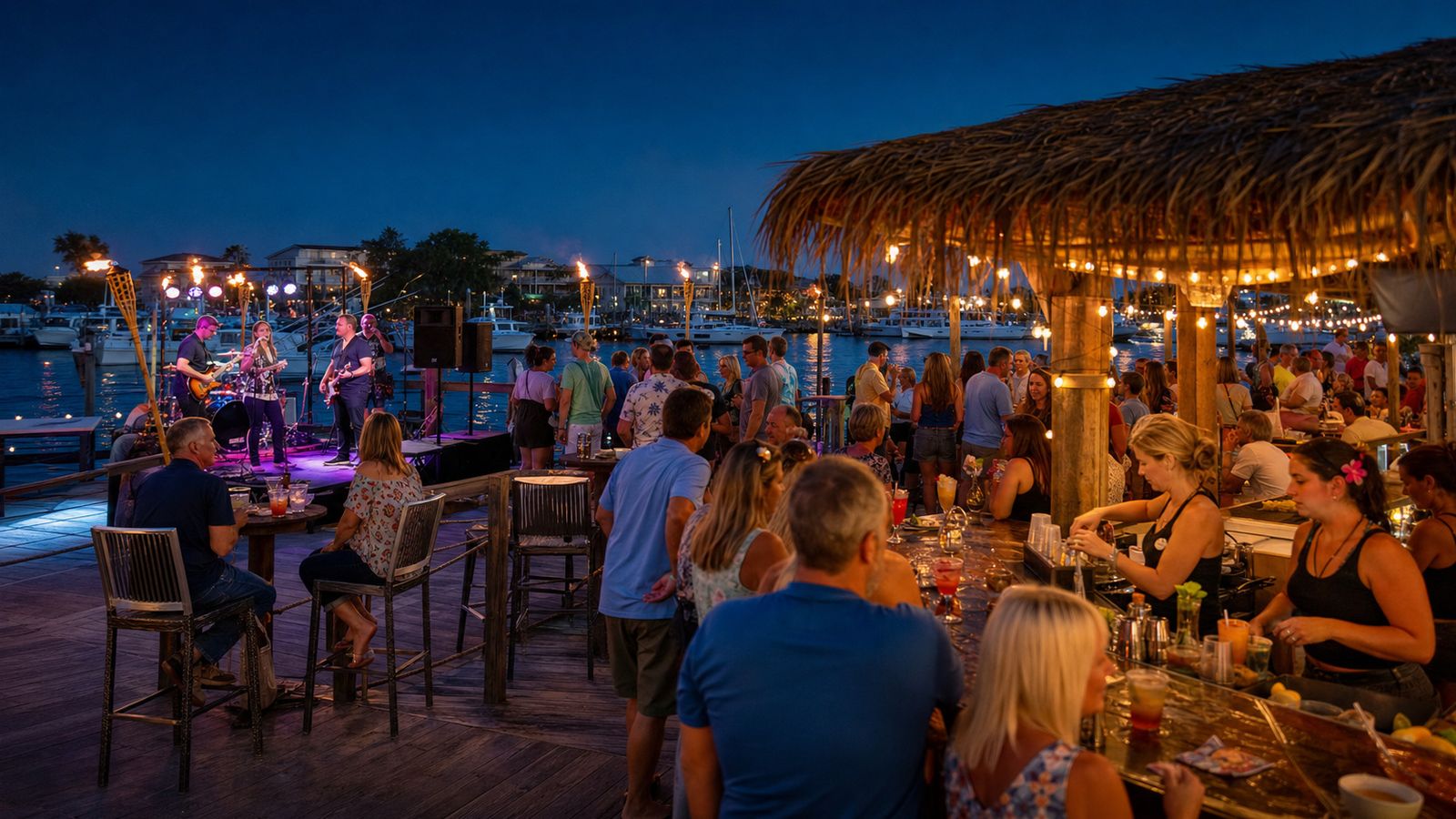 Lively outdoor waterfront bar in Destin harbor at night with string lights, tropical cocktails, and a live band