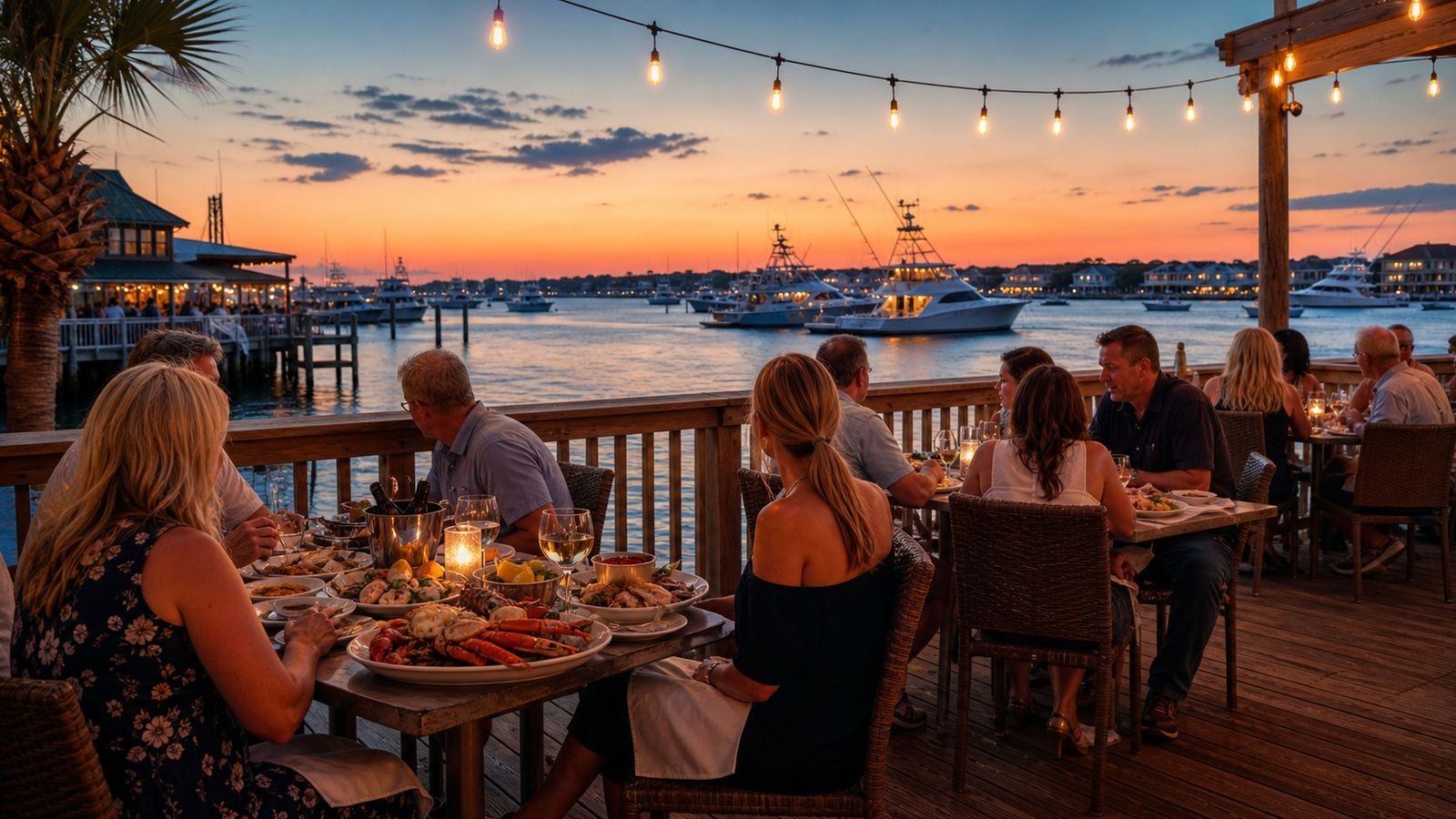 Outdoor waterfront seafood restaurant in Destin harbor at dusk with diners and boats in the background