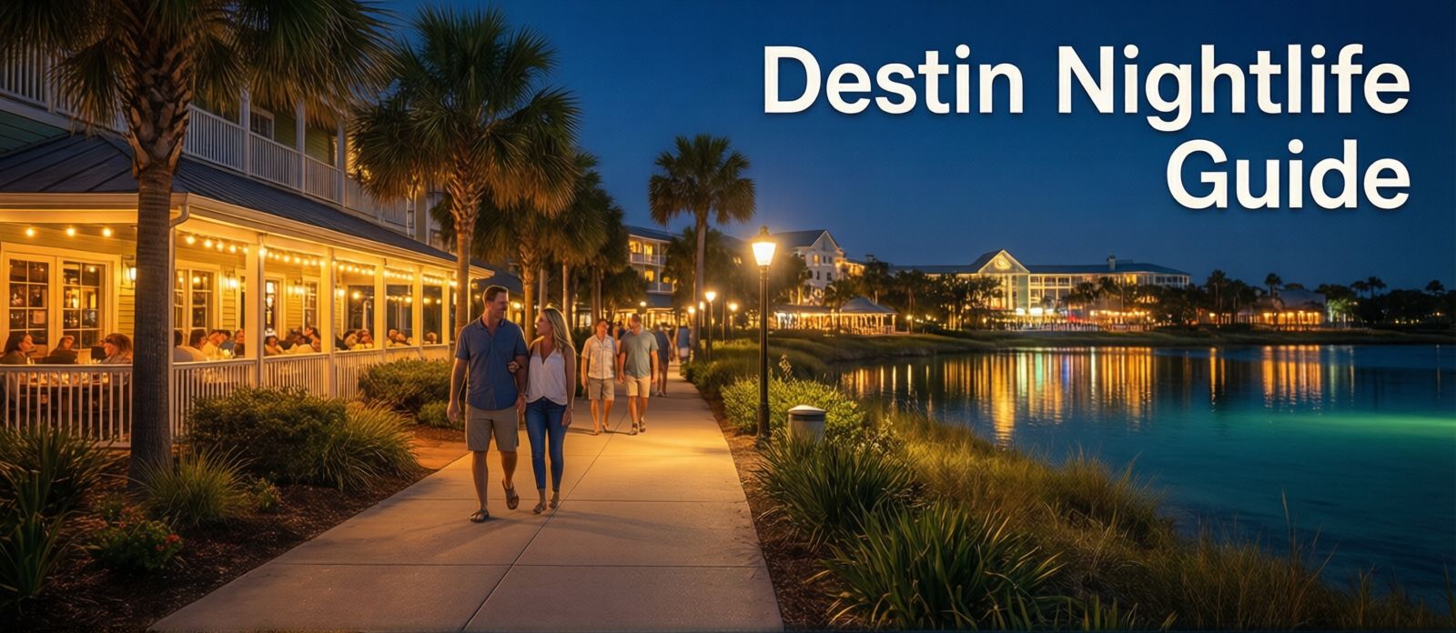 Baytowne Wharf village at Sandestin Resort at night, illuminated pedestrian walkway with couples strolling past glowing restaurant patios, the lagoon reflecting warm lights beyond