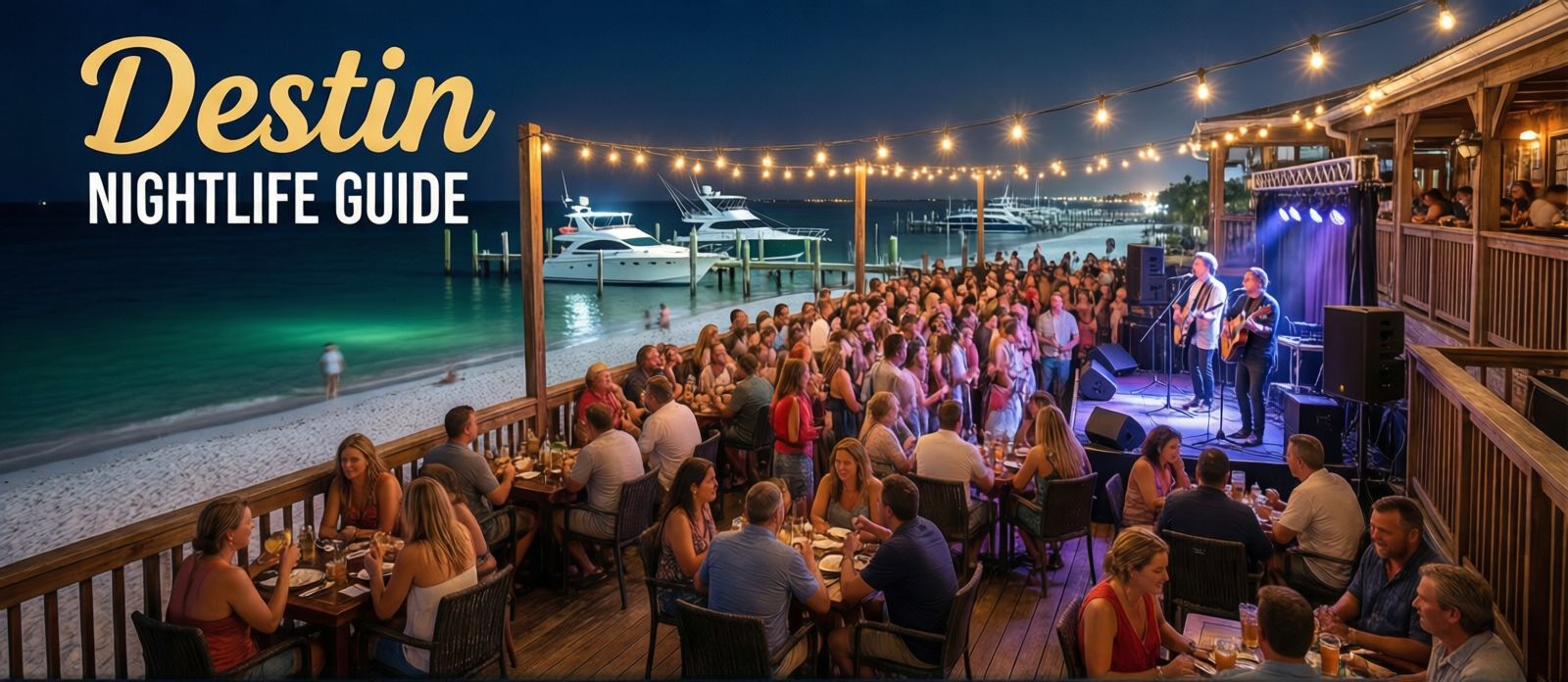 Crowded outdoor deck at AJ's Seafood and Oyster Bar on Destin Harbor at night with string lights overhead, a live band on stage, and charter boats visible in the harbor behind