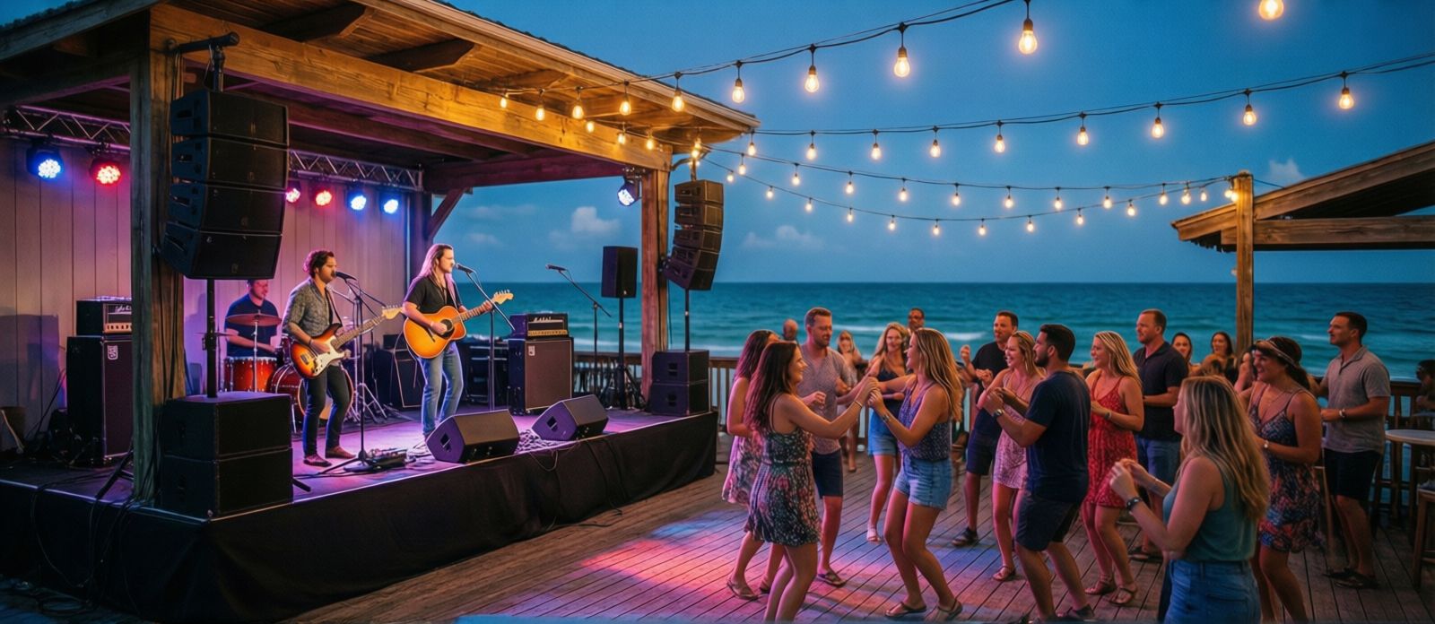 Live band performing on an outdoor stage at a waterfront bar in Destin Florida, vacationers dancing under string lights at dusk with the Gulf water visible beyond