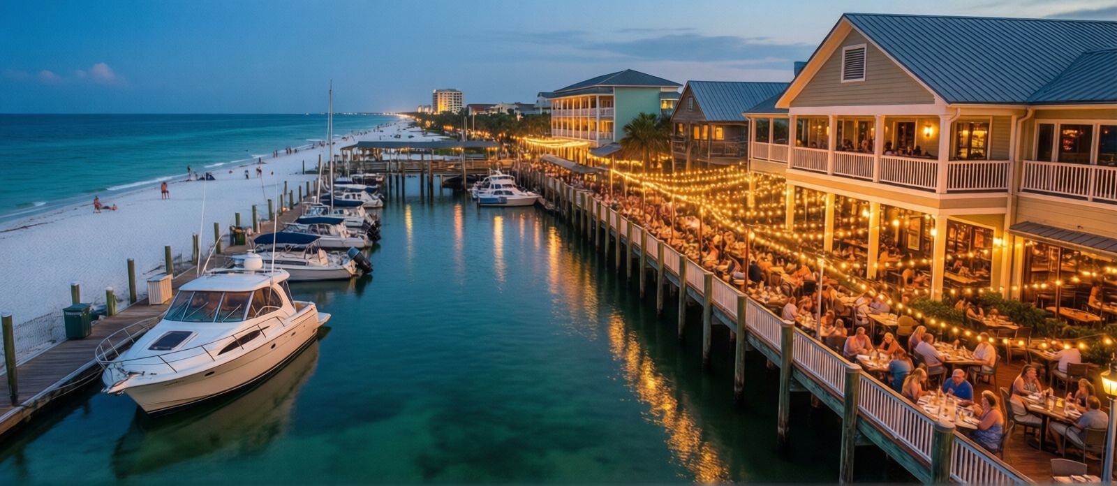 Destin Harbor at dusk with HarborWalk Village lit up by warm string lights, charter boats docked, and glowing waterfront restaurant patios full of vacationers