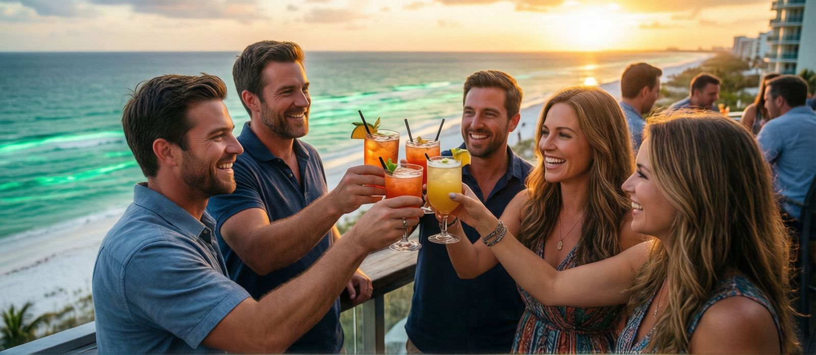 Group of adults in their 30s toasting cocktails on a rooftop bar in Destin Florida at sunset, the emerald Gulf water glowing in the background, relaxed and festive vacation mood