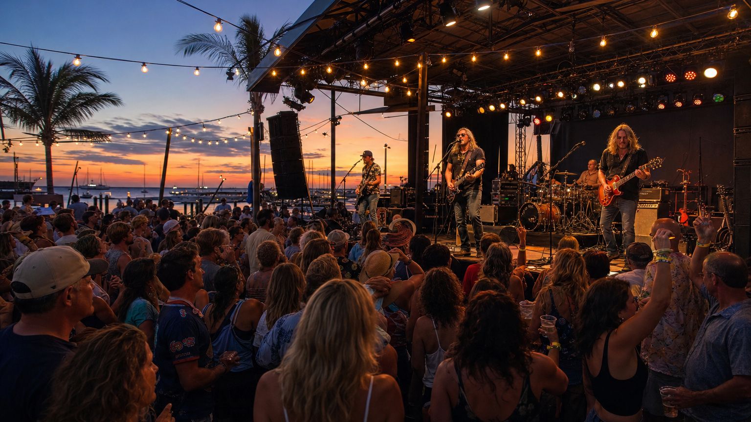 Live band performing on an outdoor harborside stage to a packed crowd during the Destin Seafood Festival weekend