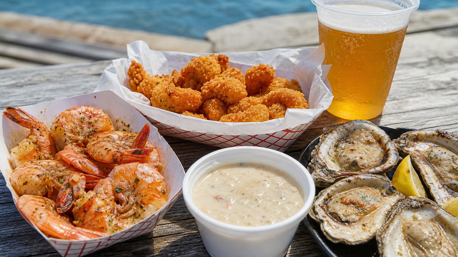 Gulf Coast seafood festival food spread: steamed shrimp, fried grouper, grilled oysters, seafood chowder, and cold beer