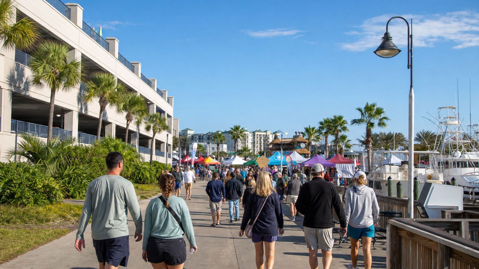 Visitors walking from a parking area toward the HarborWalk Village boardwalk at the Destin Seafood Festival on a sunny October morning
