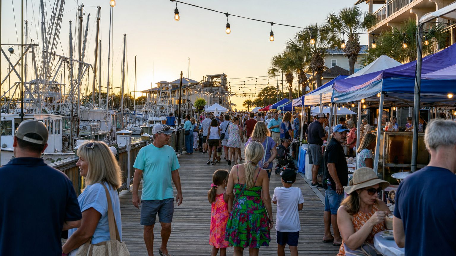 Crowd browsing vendor tents at the Destin Seafood Festival along HarborWalk Village boardwalk at golden hour