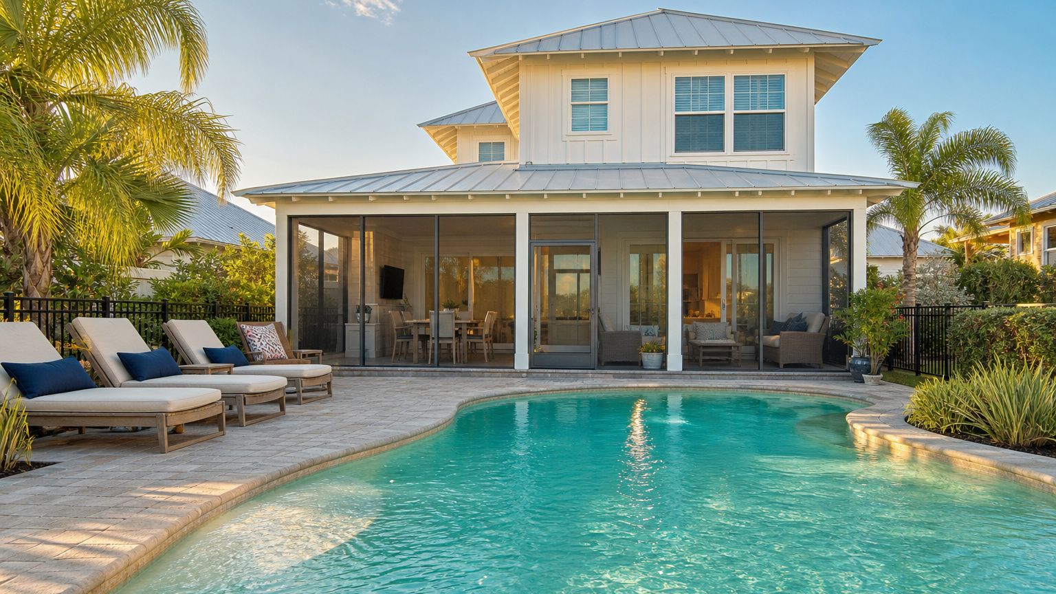 Private pool at a Miramar Beach Florida vacation rental home glowing teal in afternoon sun with lounge chairs on the deck