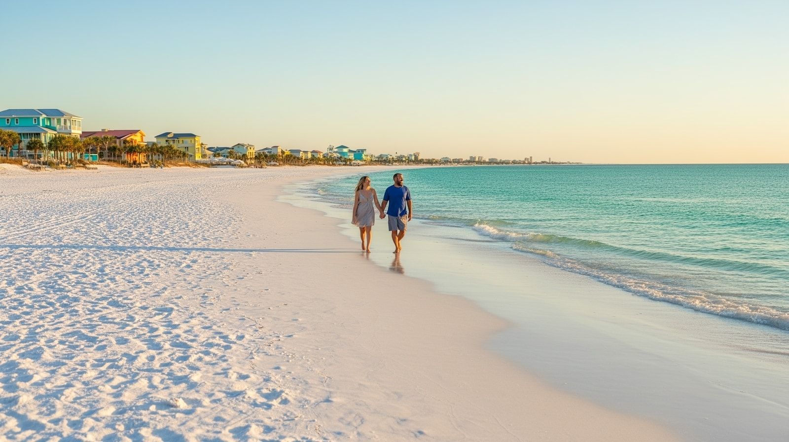 Nearly empty white sand beach in Destin Florida on a quiet fall weekday with a couple walking along the turquoise Gulf shore