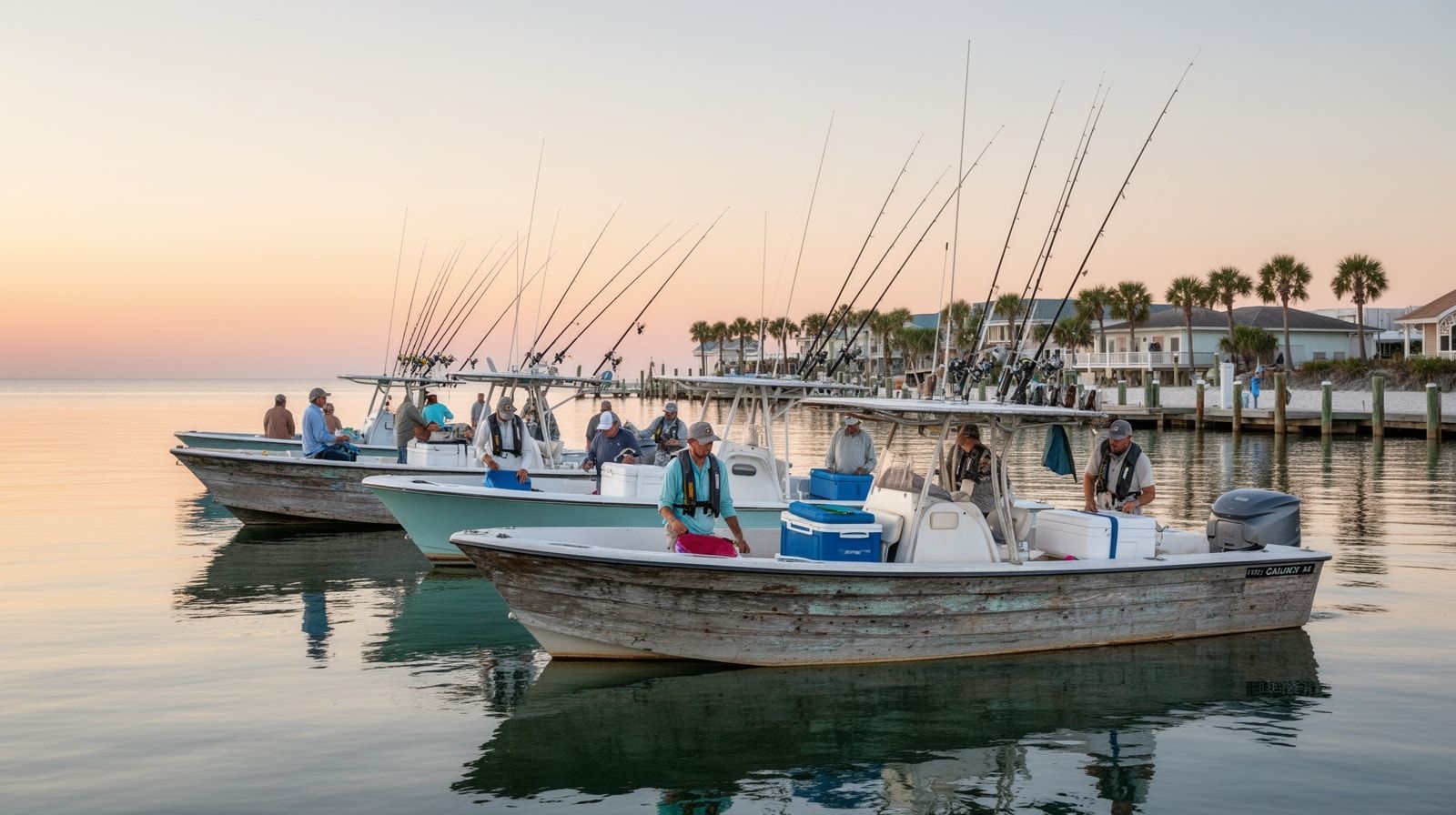 Fishing charter boats at Destin Harbor at dawn in October with anglers preparing gear for a tournament day on the calm harbor