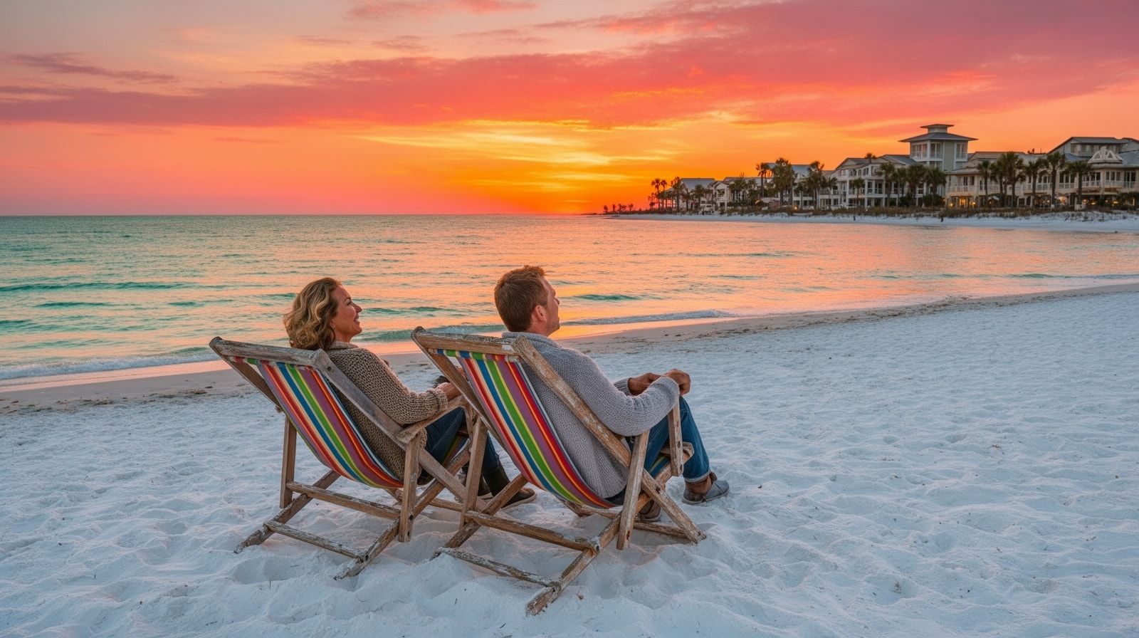 Two couples in beach chairs on a Destin Florida beach at golden hour in fall watching a vivid orange and pink Gulf sunset with calm seas