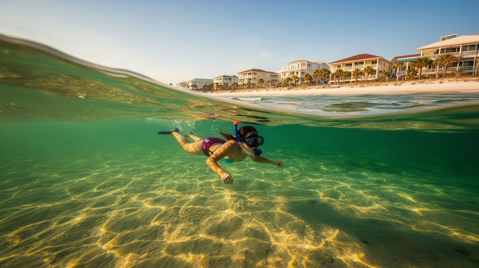 Snorkeler in clear emerald Gulf water near Destin Florida on a calm fall day with sunlight refracting on the sandy bottom