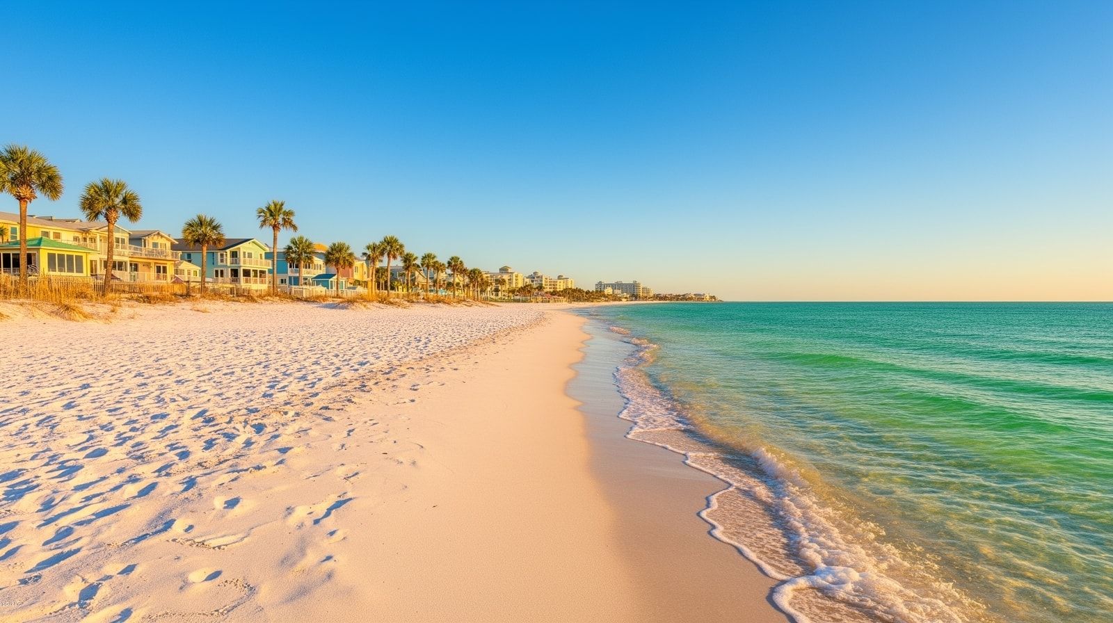 Clear October morning on Destin Florida beach with vivid blue sky, low humidity, golden sunlight on white sand, and crystal-clear emerald Gulf water