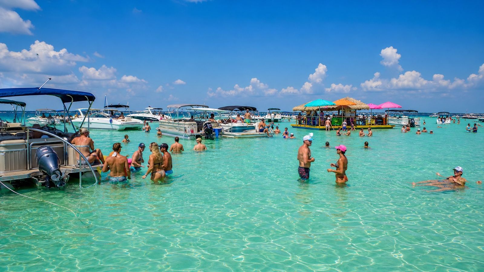 Crowded Crab Island sandbar in Destin Florida with anchored boats and families in the turquoise water on a summer day