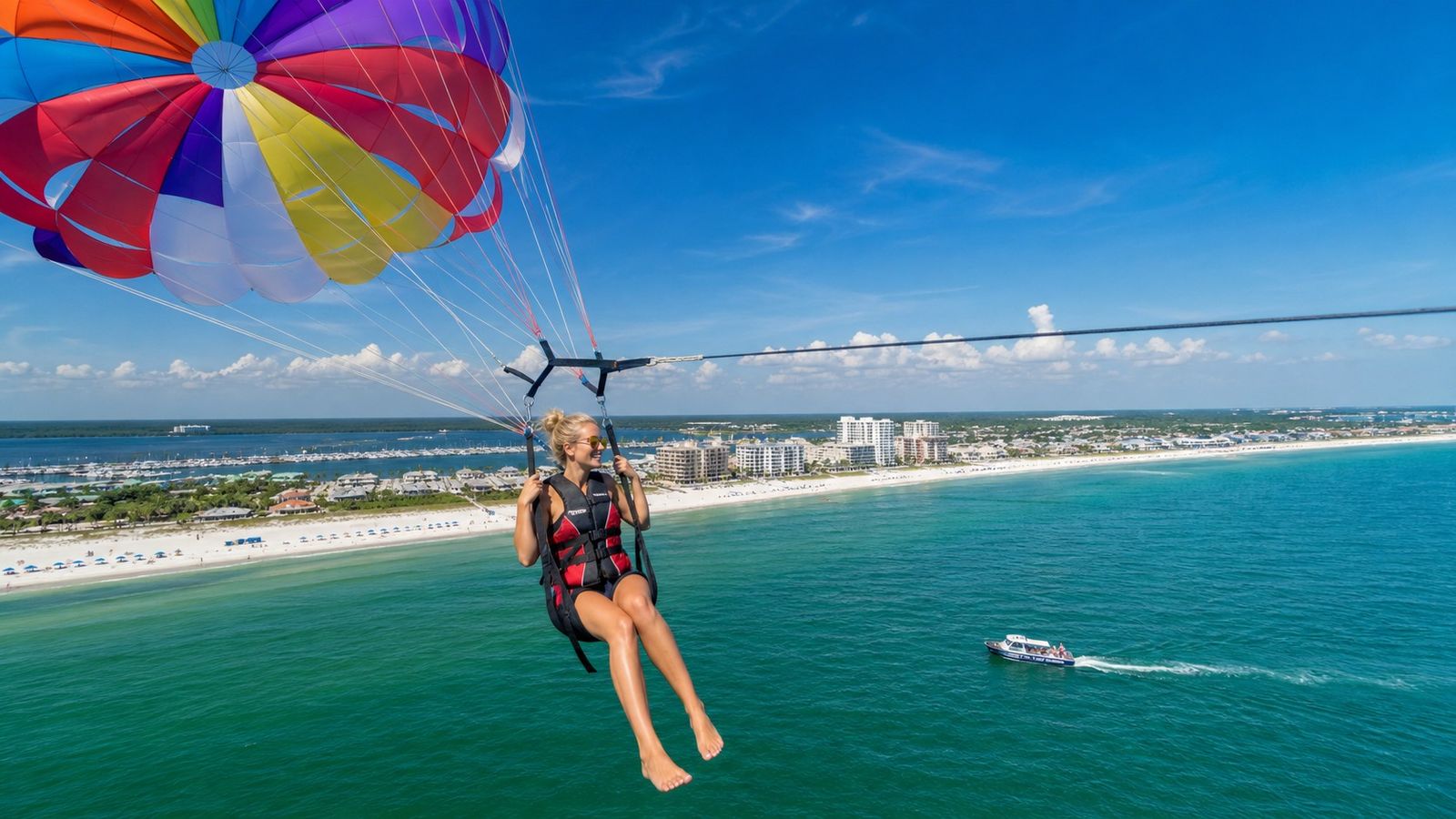 Parasailer soaring over the emerald Gulf waters off Destin Florida with HarborWalk Village visible below