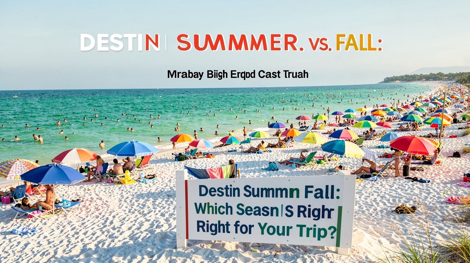 Busy summer beach with colorful umbrellas and swimmers in Destin Florida