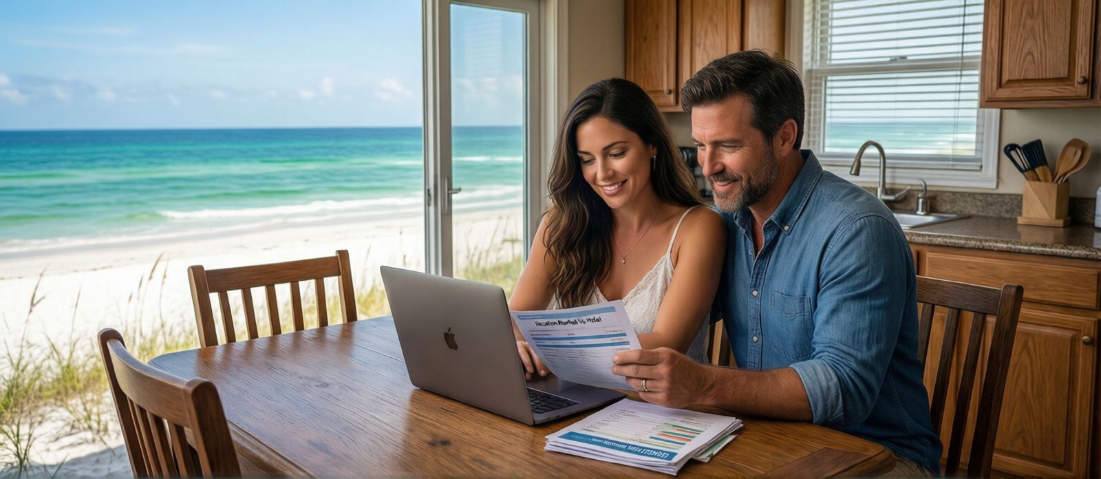 Couple reviewing vacation budget on a laptop at the kitchen table of a sunny Florida beach house rental