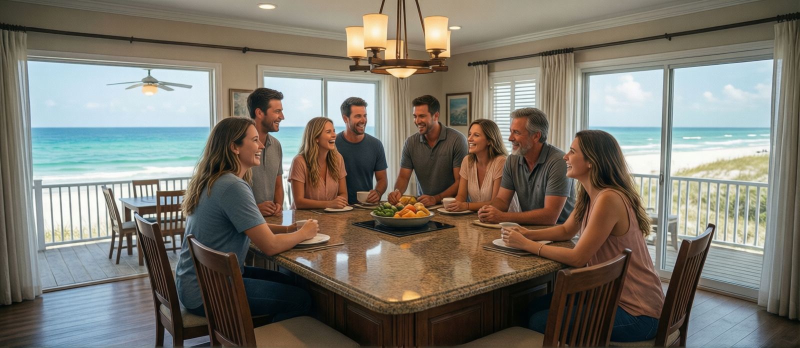 Family gathered around a large kitchen island in a spacious open-plan beach house rental in Florida