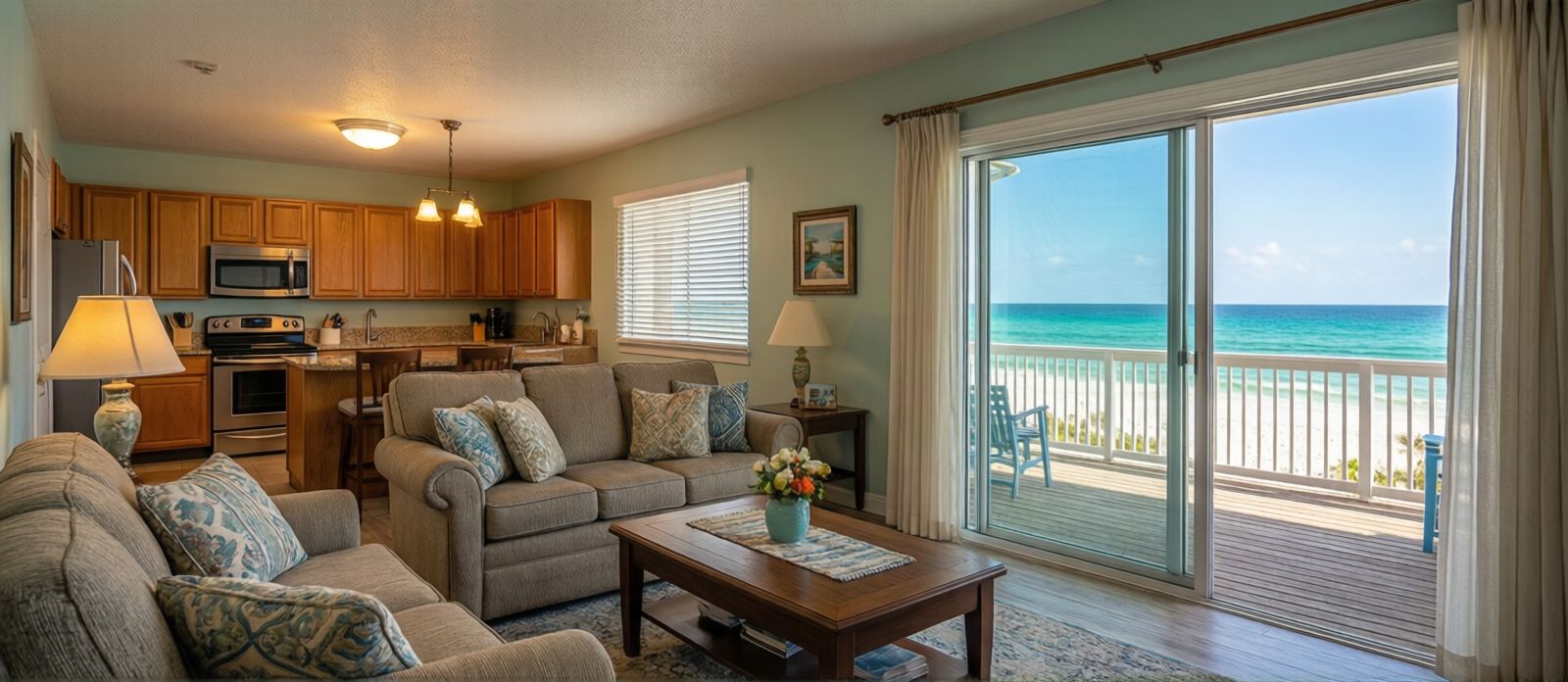 Bright well-appointed vacation rental living room with a fully equipped kitchen and sliding glass doors opening onto a Gulf Coast patio