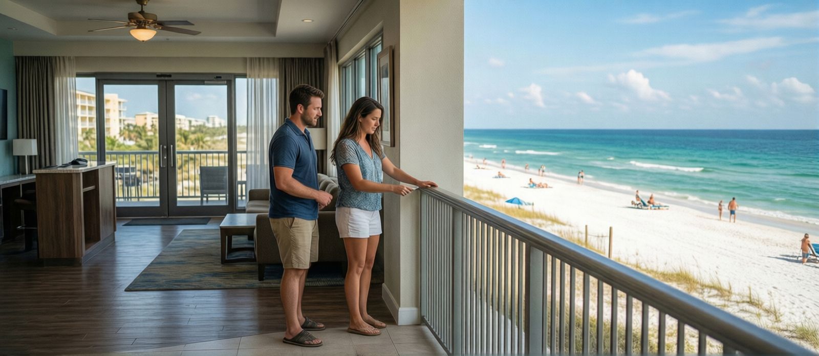 Couple checking into a modern beachfront hotel resort in Destin Florida with Gulf-view lobby and natural light