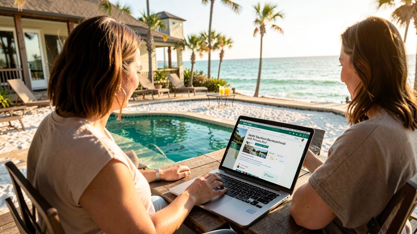 Person planning a vacation rental booking on a laptop next to a private pool at a Florida beach house