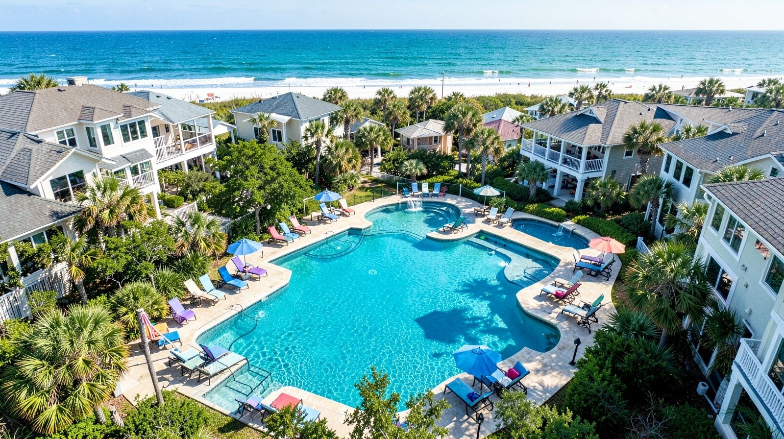 Aerial view of Miramar Beach Florida neighborhood with vacation homes and private pools near the emerald Gulf