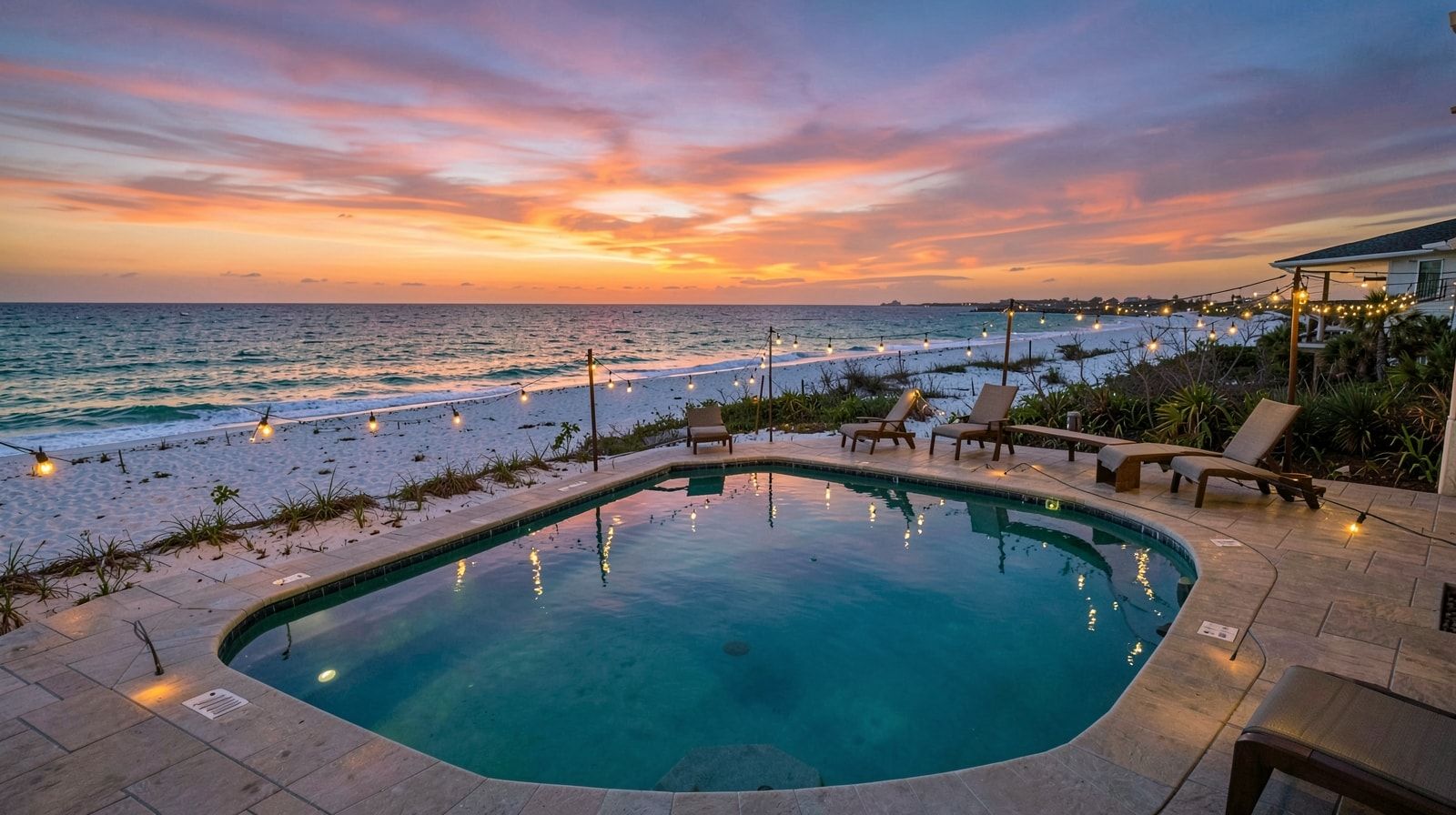 Private pool at a Destin Florida vacation rental at dusk with string lights and sunset sky reflected in the water