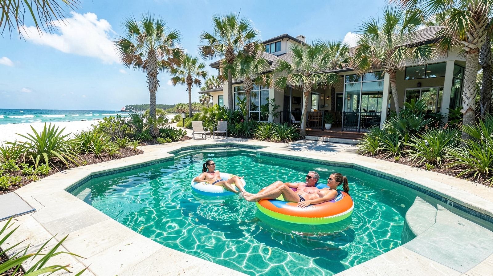 Two adults relaxing on pool floats in a private backyard pool at a Destin Florida vacation rental home