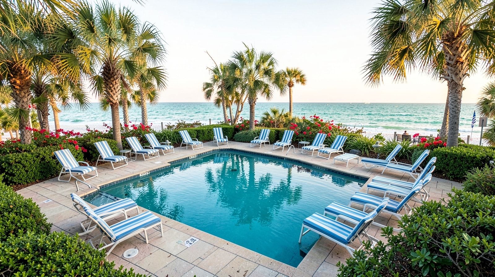 Empty private pool at a Florida vacation rental in early morning light with lounge chairs and tropical landscaping
