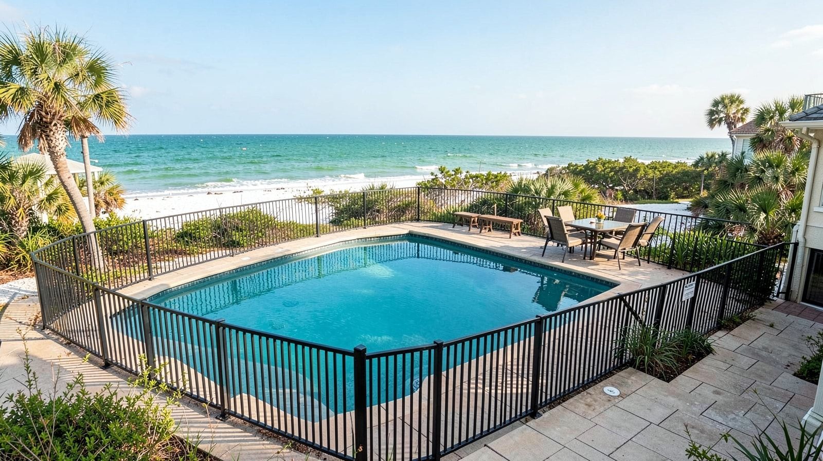 Well-maintained private pool with safety fence and outdoor dining area at a Florida vacation home