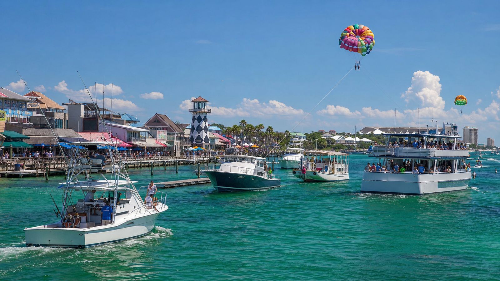 Destin Harbor packed with charter fishing boats, dolphin cruise vessels, and parasailers over the emerald Gulf on a busy summer day