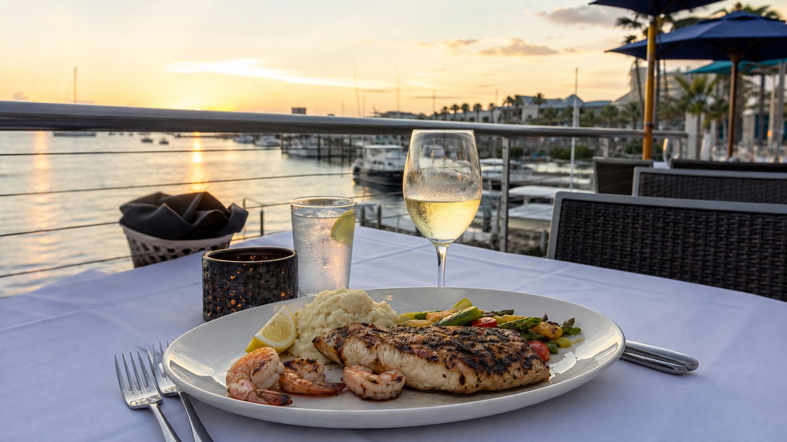 Outdoor waterfront dining in Destin at golden hour with fresh grilled Gulf grouper, harbor boats visible in the soft evening light