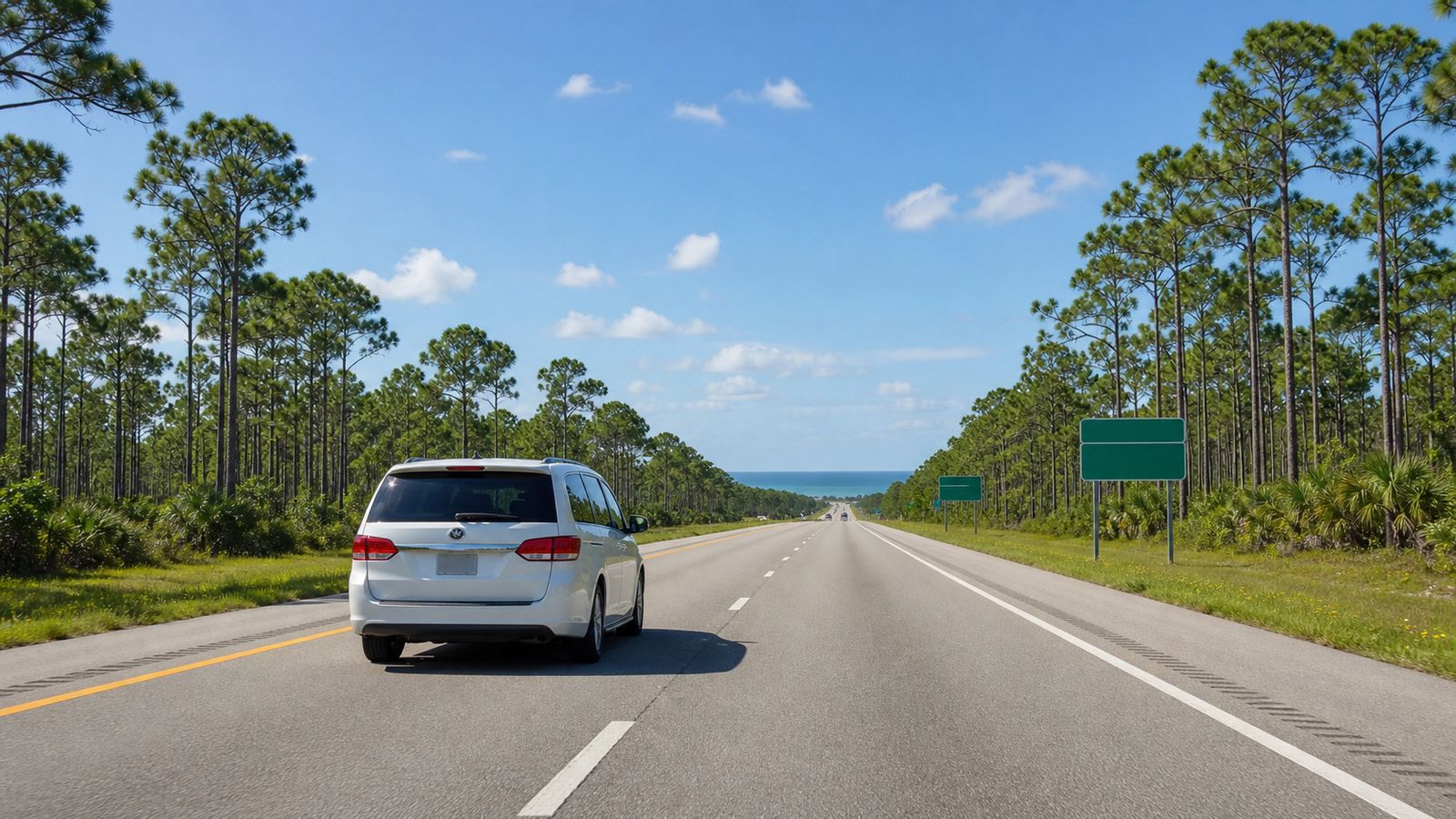 Family driving down a sunny Florida pine highway toward the Gulf Coast on a summer road trip