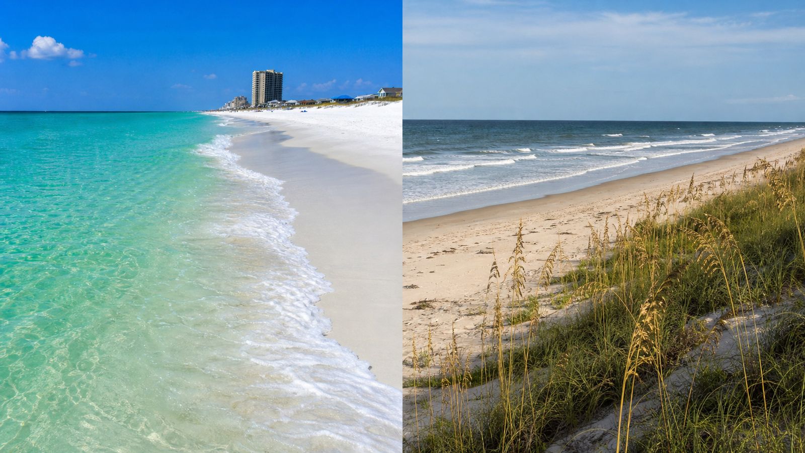 Side-by-side contrast of Destin's emerald Gulf water and white sand versus Amelia Island's Atlantic coast with golden sand and sea oats
