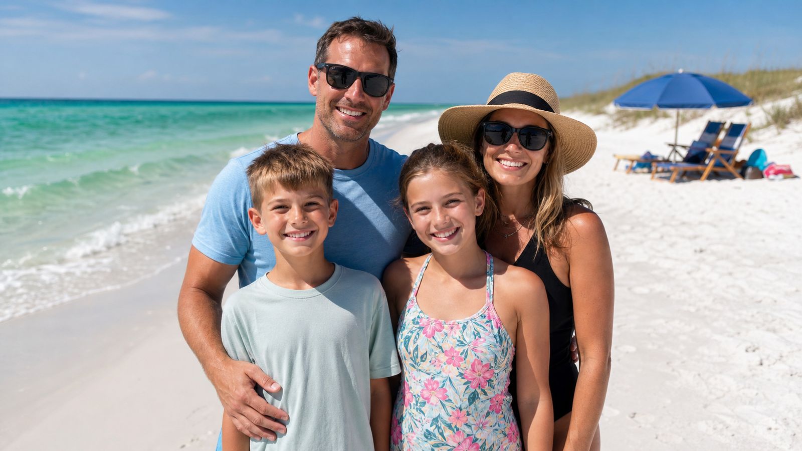 Happy family standing at the edge of Destin's emerald Gulf water on a sunny afternoon, beach chairs and umbrellas in the background