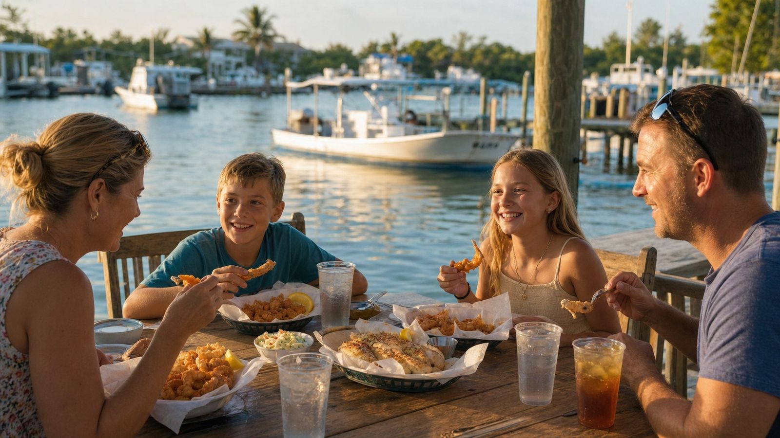 Family enjoying affordable fresh seafood dinner at a casual Destin Florida waterfront marina restaurant