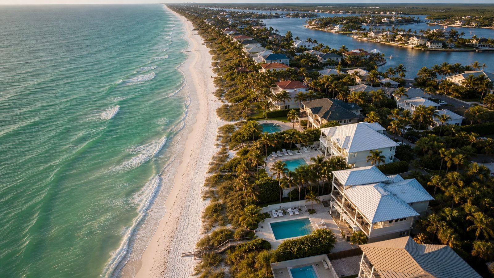 Aerial view of Destin Florida Gulf Coast beach neighborhood with emerald water, white sand, and vacation rental homes with pools
