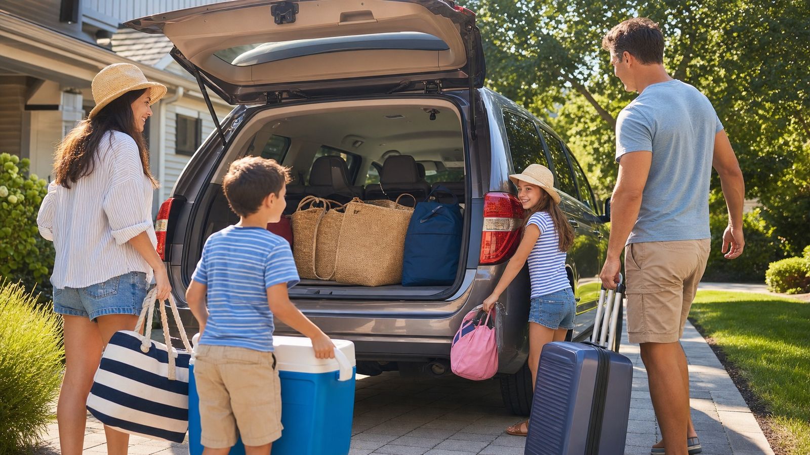 Family loading a minivan with beach bags and a cooler for a summer road trip to Destin Florida