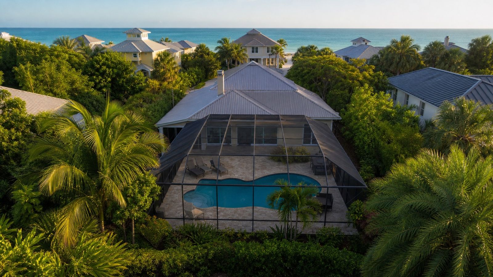 Aerial view of a private pool vacation rental home on the Destin Florida Gulf Coast with emerald water visible in the background