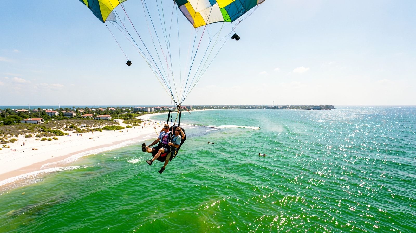 Parasailing off Destin Florida with emerald Gulf water and white sand beach in the background
