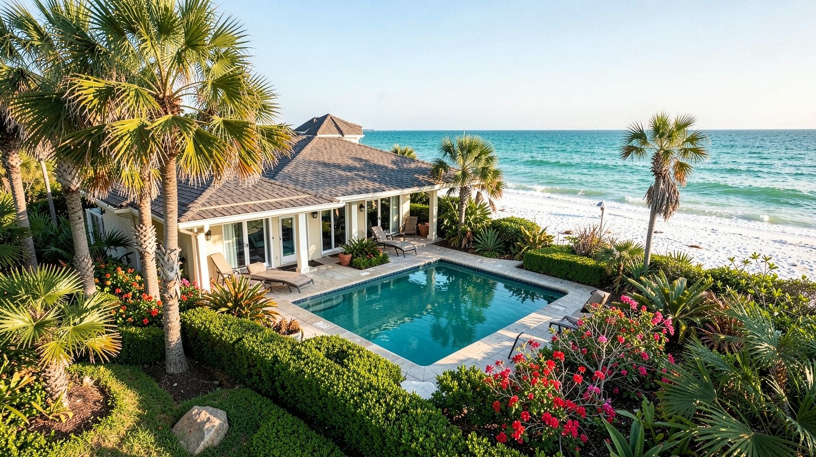 Private pool vacation rental home near Miramar Beach Florida with tropical landscaping