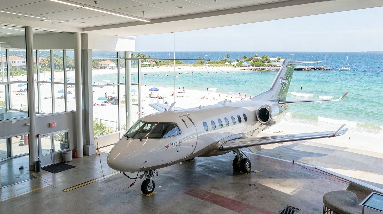 Small regional airport terminal with a regional jet at the gate representing an easy flight to Destin Florida
