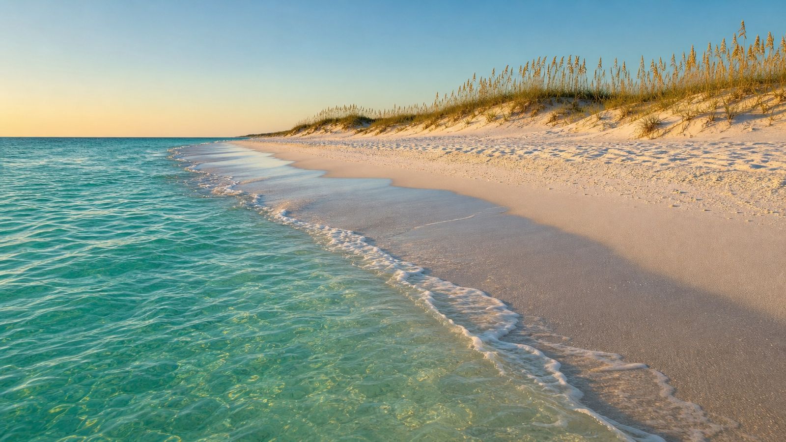 Pristine emerald-green Gulf water and brilliant white quartz sand on an undeveloped Florida Panhandle beach